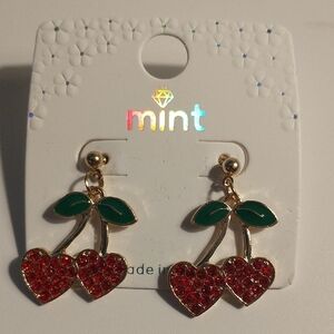 Mint Gold-Tone Red Crystal Cherry Heart Earrings with Green Leaves